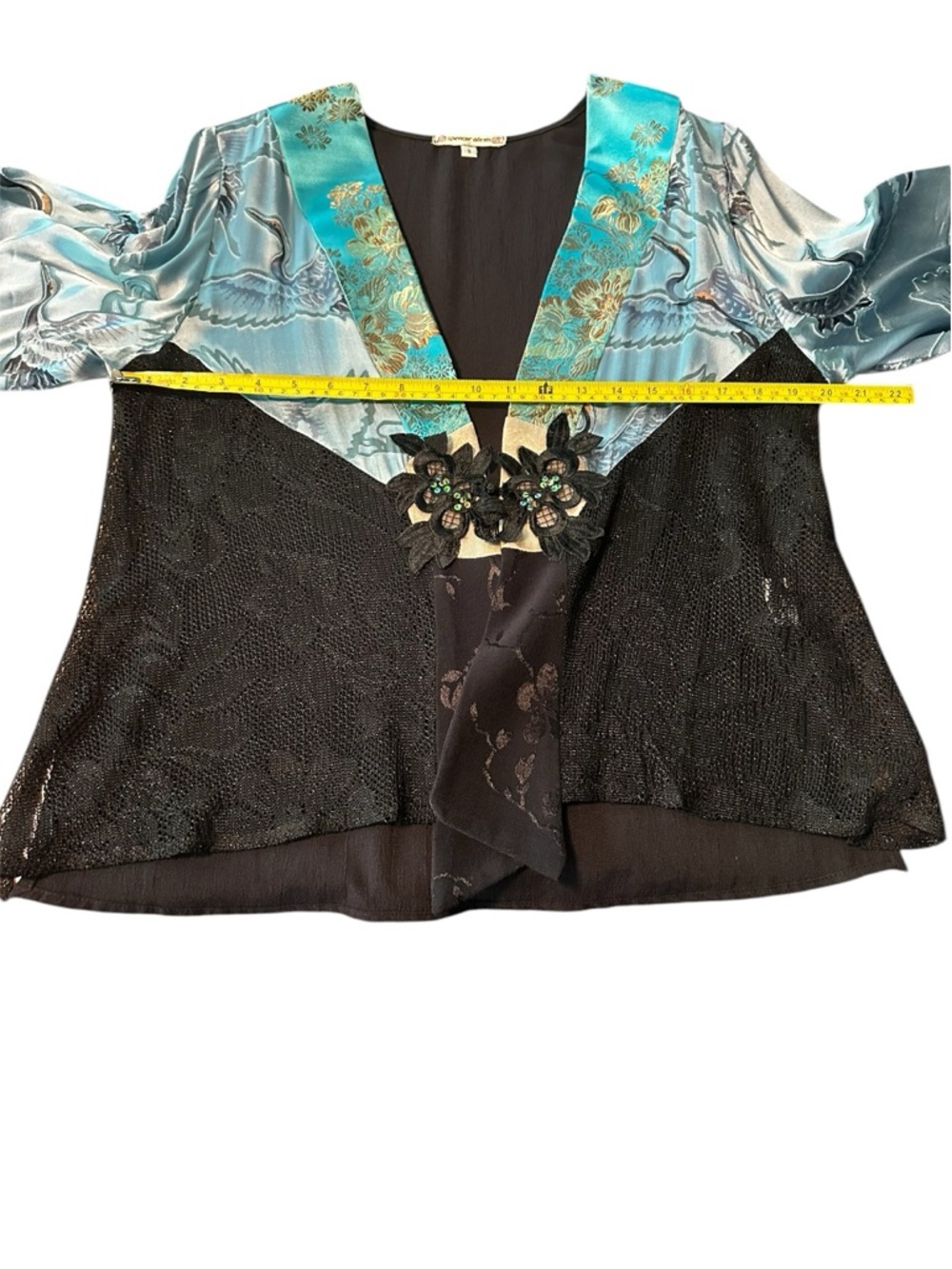 Vtg 90s Spencer Alexis Silk Blend Kimono Style Cropped Top S Floral Cranes FLAWS - Picture 5 of 17